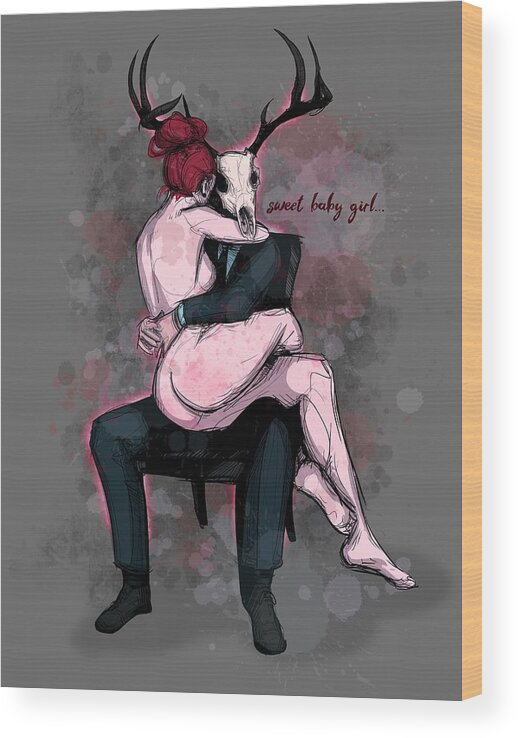 Daddy Wood Print featuring the drawing Deer Daddy Series 3 Sweet Baby Girl by Ludwig Van Bacon