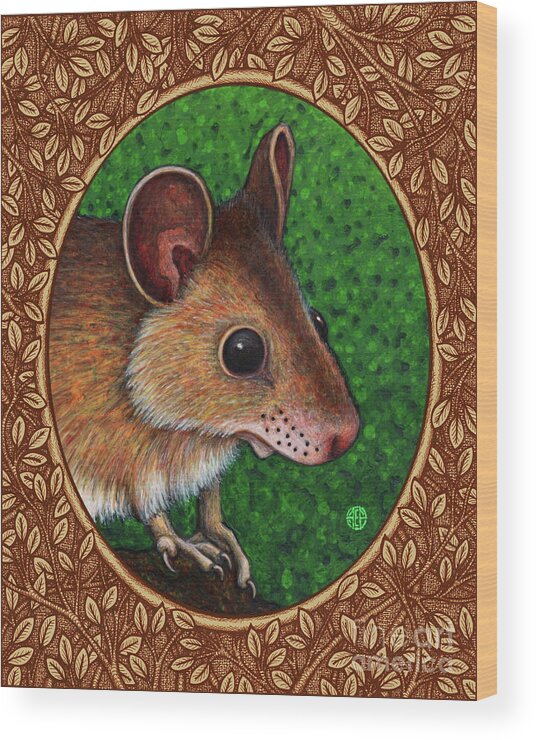 Animal Portrait Wood Print featuring the painting Deer Mouse Portrait - Brown Border by Amy E Fraser