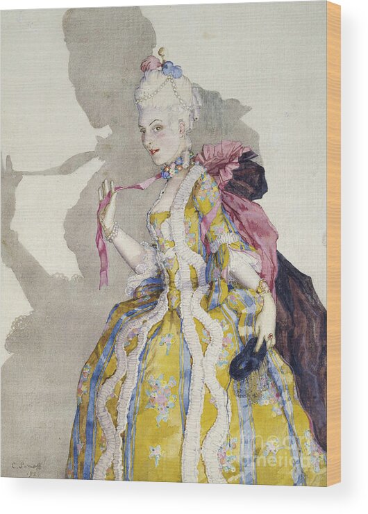 Silhouette Wood Print featuring the painting Design For A Costume Of A Marquise For The Ballerina Tamara Karsavina by Konstantin Andreevic Somov