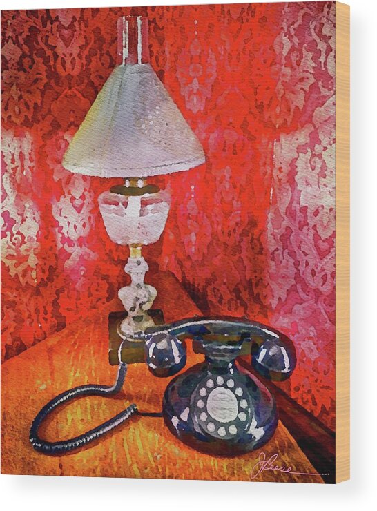 Antique Black Dial Telephone Wood Print featuring the painting Dial up Telephone by Joan Reese