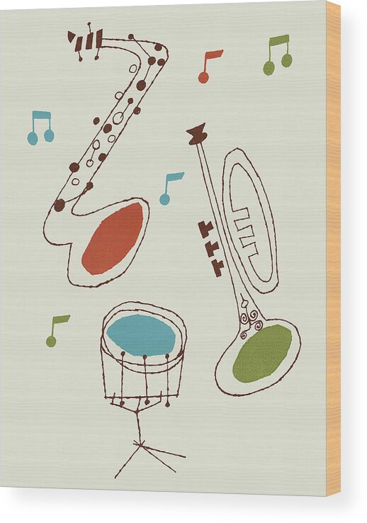 Band Wood Print featuring the drawing Drum, Saxophone and Trumpet by CSA Images