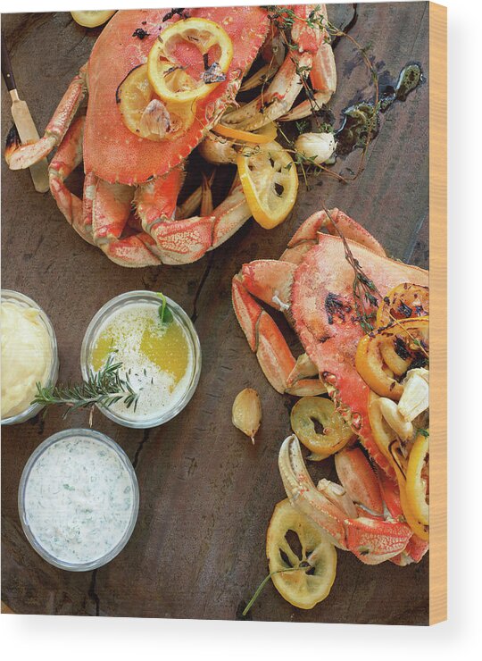 Roast Dinner Wood Print featuring the photograph Fire Roasted Dungeness Crabs On Wooden by Lisa Romerein