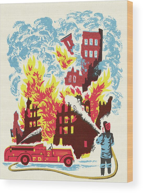 Accident Wood Print featuring the drawing Firefighter Spraying Water on a Burning Building by CSA Images