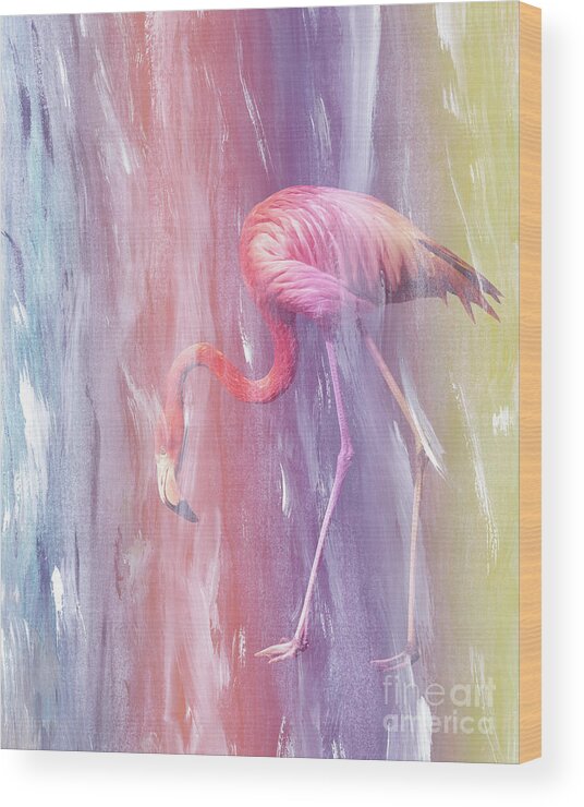Painting Wood Print featuring the mixed media Flamingo in the Colored Rain #1 #tropical #decor #art by Anitas and Bellas Art