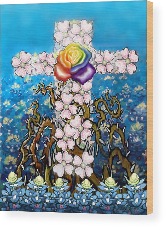 Floral Wood Print featuring the painting Floral Cross Rainbow Rose by Kevin Middleton