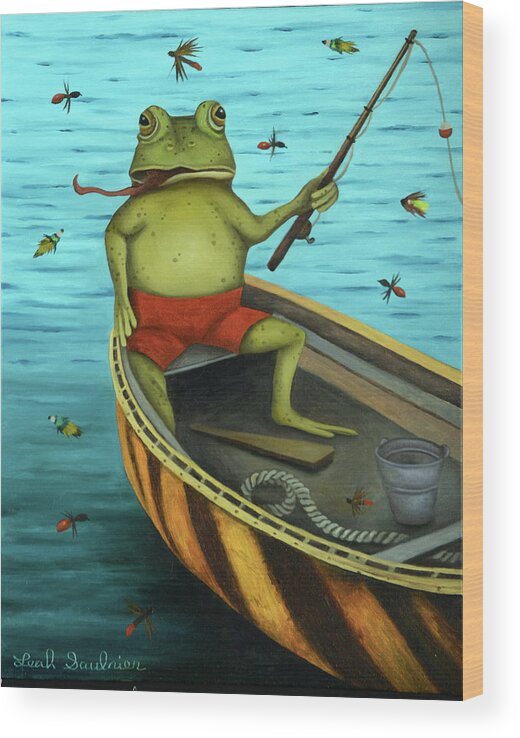 Frog Wood Print featuring the painting Fly Fishing by Leah Saulnier The Painting Maniac