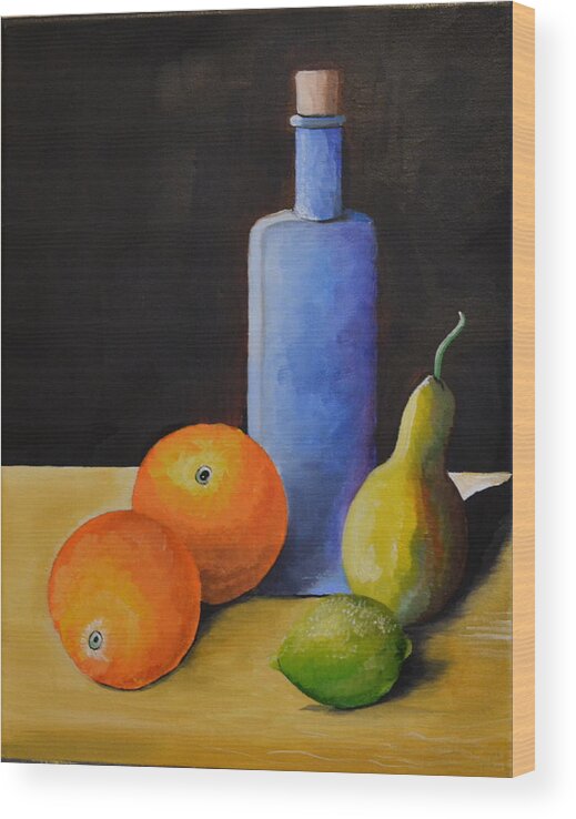 This Is An Oil Painting Of Oranges Wood Print featuring the painting Fruit and Bottle by Martin Schmidt