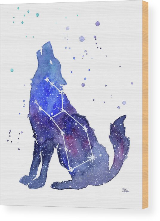 Wolf Wood Print featuring the painting Galaxy Wolf - Lupus Constellation by Olga Shvartsur