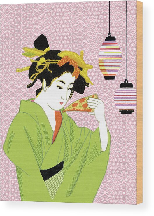 Adult Wood Print featuring the drawing Geisha Eating Pizza by CSA Images