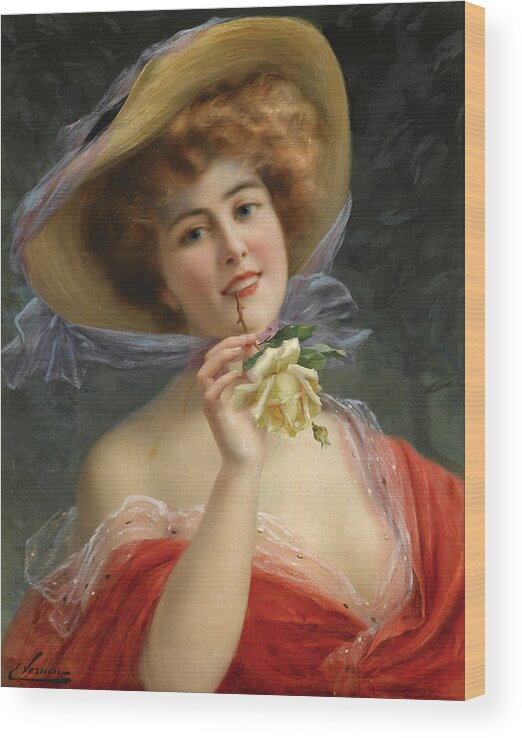Emile Vernon Wood Print featuring the painting Girl with Yellow Rose by Emile Vernon