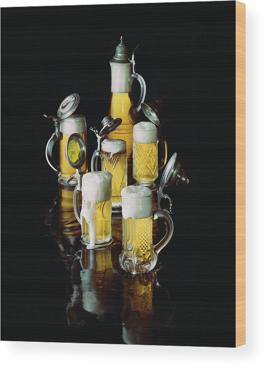 Food And Drink Wood Print featuring the photograph Glasses Of Beer With Froth, Close-up by Tom Kelley Archive