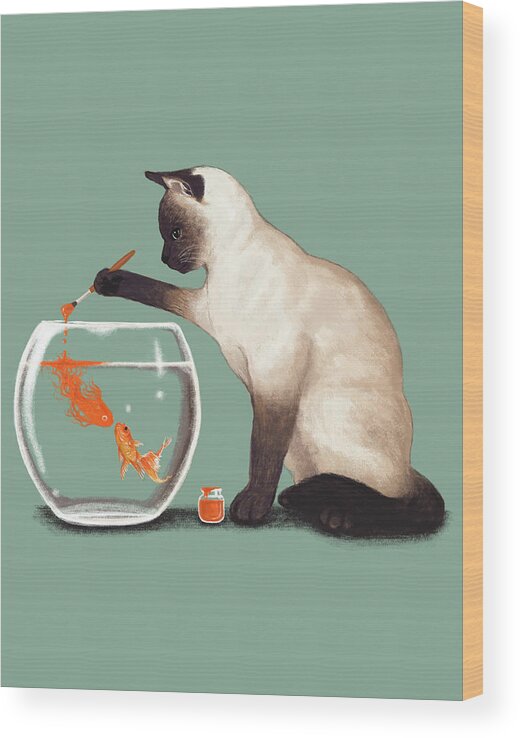 Goldfish Need Friend Wood Print featuring the mixed media Goldfish Need Friend by Tummeow