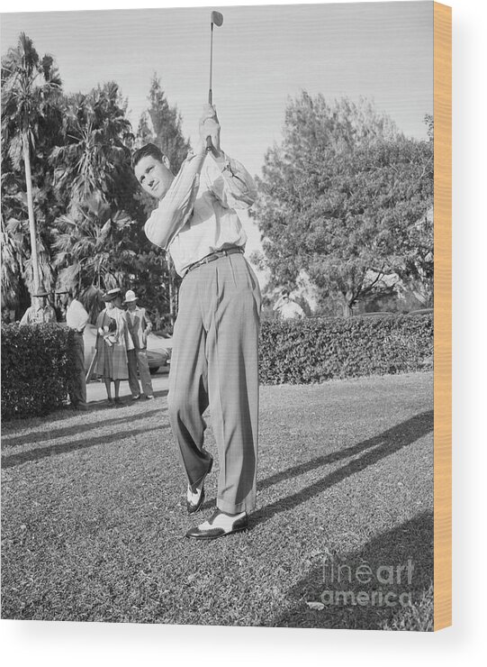 People Wood Print featuring the photograph Golfer Johnny Bulla Hitting Ball by Bettmann