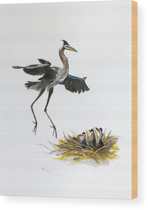 Great Blue Heron Wood Print featuring the painting Great Blue Heron Acrylic Ink 5 by Rick Mosher