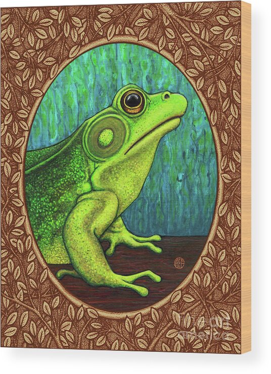 Animal Portrait Wood Print featuring the painting Green Frog Portrait - Brown Border by Amy E Fraser
