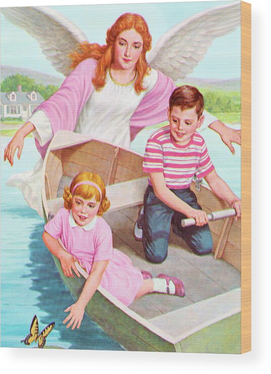 Activity Wood Print featuring the drawing Guardian Angel Watching Over Boy and Girl by CSA Images