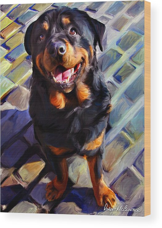 Animals & Nature Wood Print featuring the painting Handsome Rottie by Robert Mcclintock