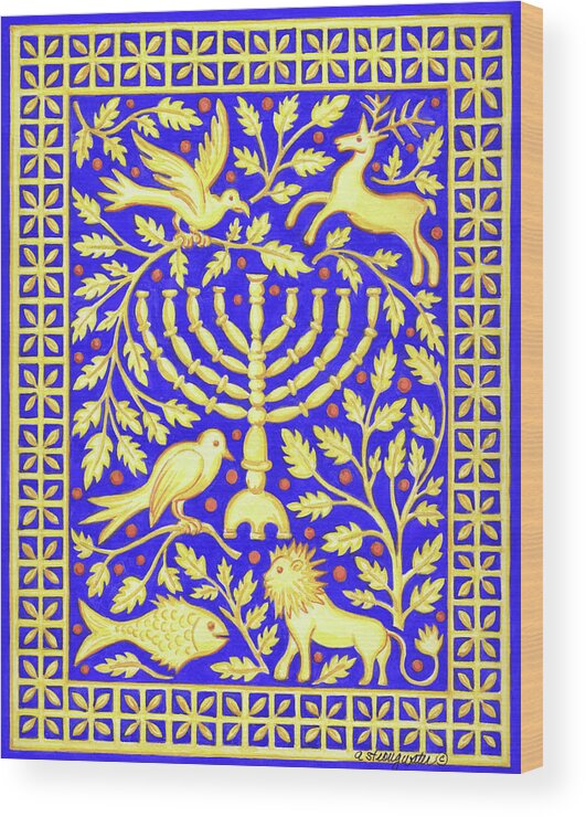Hanukah Menorah On Royal Blue Wood Print featuring the painting Hanukah Menorah On Royal Blue by Andrea Strongwater