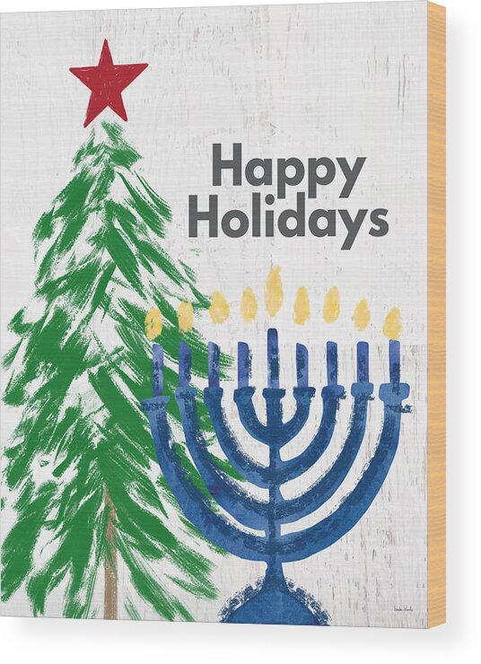 Holidays Wood Print featuring the mixed media Happy Holidays Tree and Menorah- Art by Linda Woods by Linda Woods
