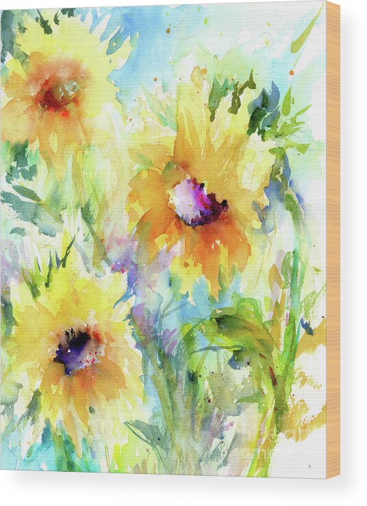 Sunflowers Wood Print featuring the painting Happy Sunflowers by Christy Lemp