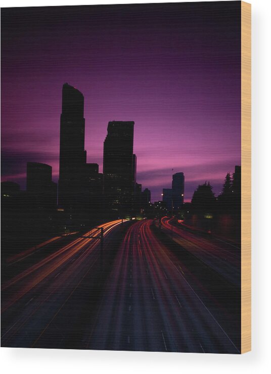 Tranquility Wood Print featuring the photograph Headlight Streaks In City Twilight by Engelhardt.zenfolio.com