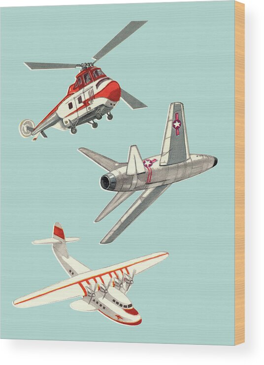 Air Travel Wood Print featuring the drawing Helicopter and Airplanes by CSA Images