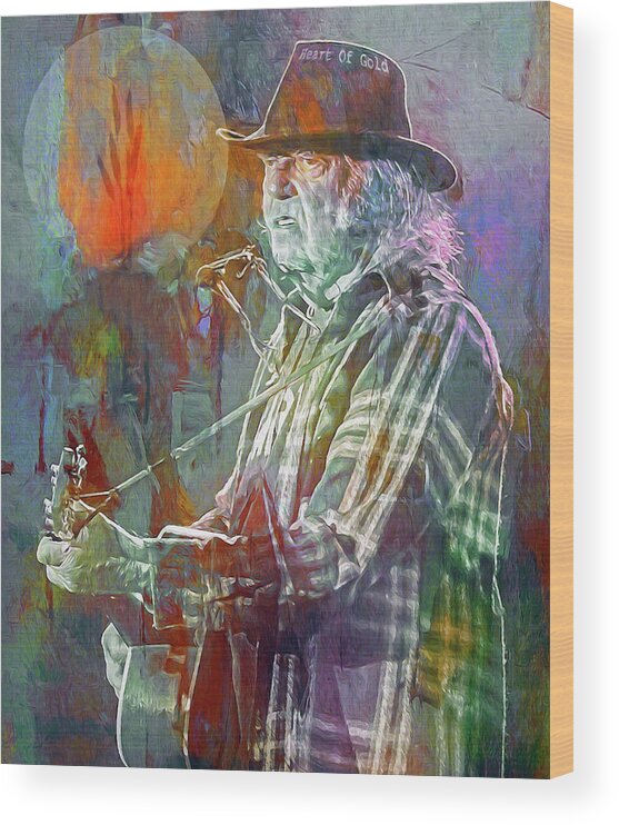 Neil Young Wood Print featuring the mixed media I Wanna Live, i Wanna Give by Mal Bray