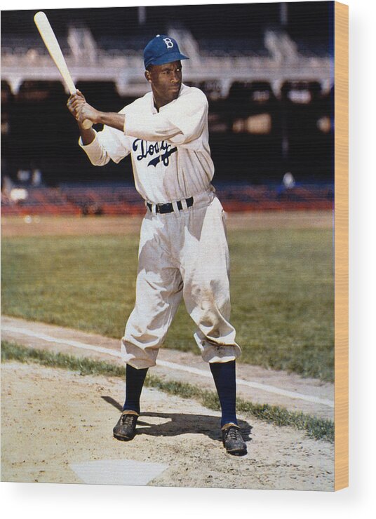 Jackie Robinson Wood Print featuring the photograph Jackie Robinson Of The Brooklyn Dodgers by New York Daily News Archive