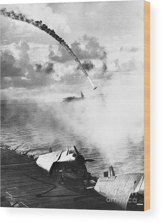 Pacific War Wood Print featuring the photograph Japanese Plane Crashing In The Pacific by Bettmann