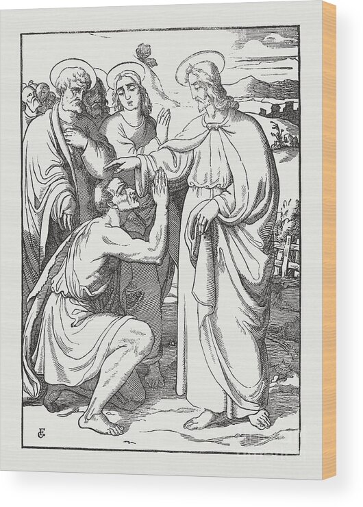 Engraving Wood Print featuring the digital art Jesus Heals A Blind Man Near Jericho by Zu 09