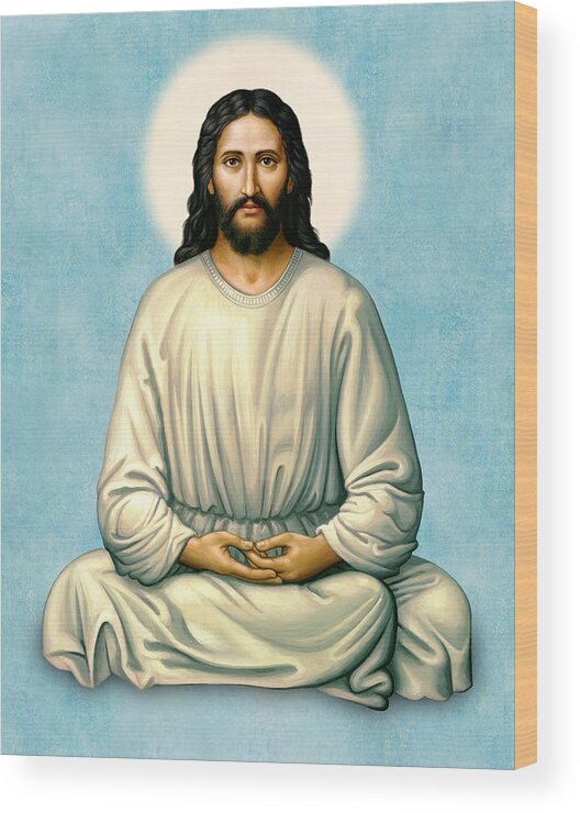 Jesus Wood Print featuring the painting Jesus Meditating - The Christ of India - on Blue by Sacred Visions