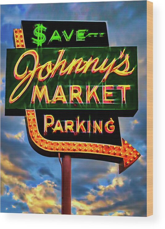 Americana Wood Print featuring the photograph Johnny's Market Neon Sign by Robert FERD Frank