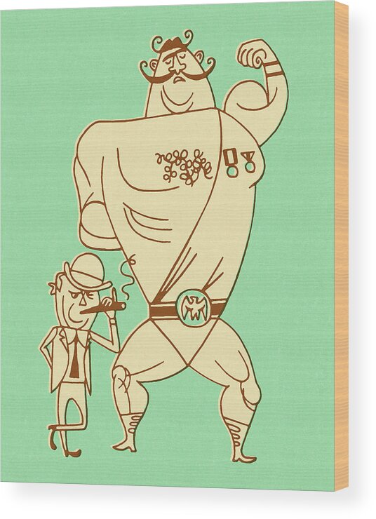 Adult Wood Print featuring the drawing Large Wrestler Standing Next to Manager by CSA Images