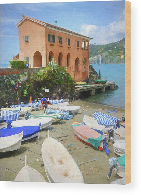 Joan Carroll Wood Print featuring the photograph Levanto Boats Cinque Terre Italy Painterly by Joan Carroll