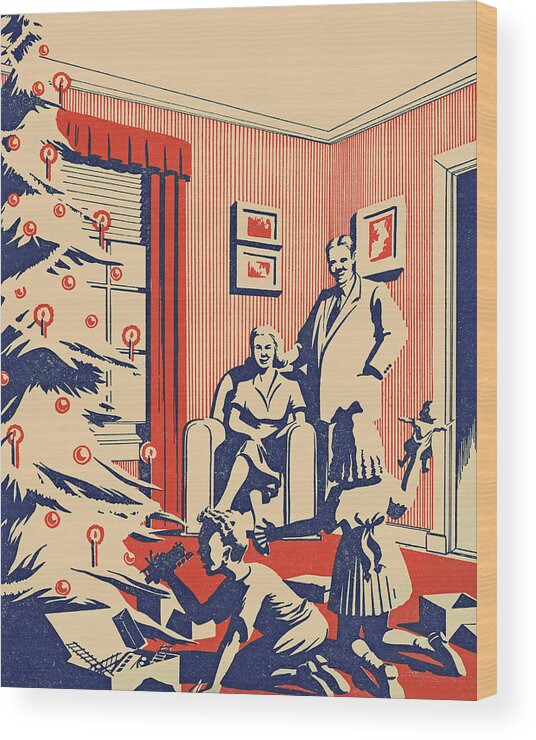 Adult Wood Print featuring the drawing Living Room Christmas Scene by CSA Images