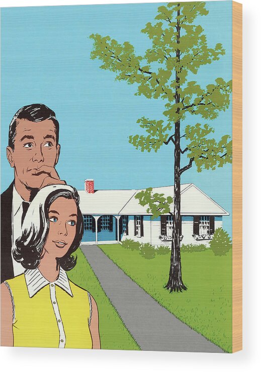 Adult Wood Print featuring the drawing Man and Woman Looking at House by CSA Images