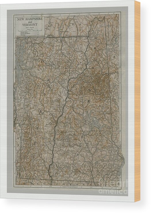 New England Wood Print featuring the drawing Map Of New Hampshire And Vermont by Print Collector