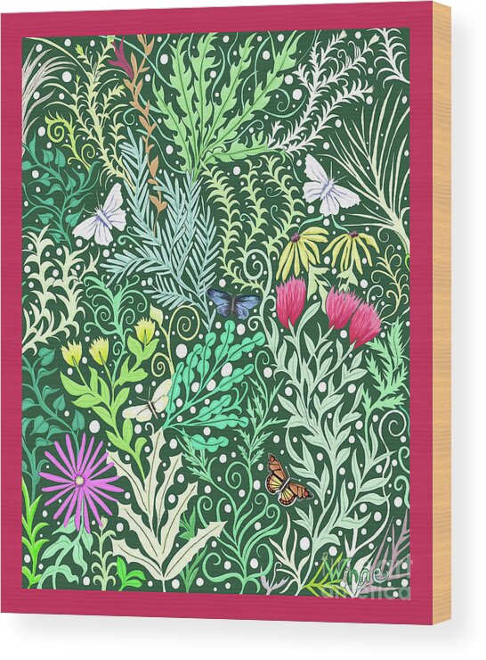 Lise Winne Wood Print featuring the tapestry - textile Millefleurs with Red Border by Lise Winne