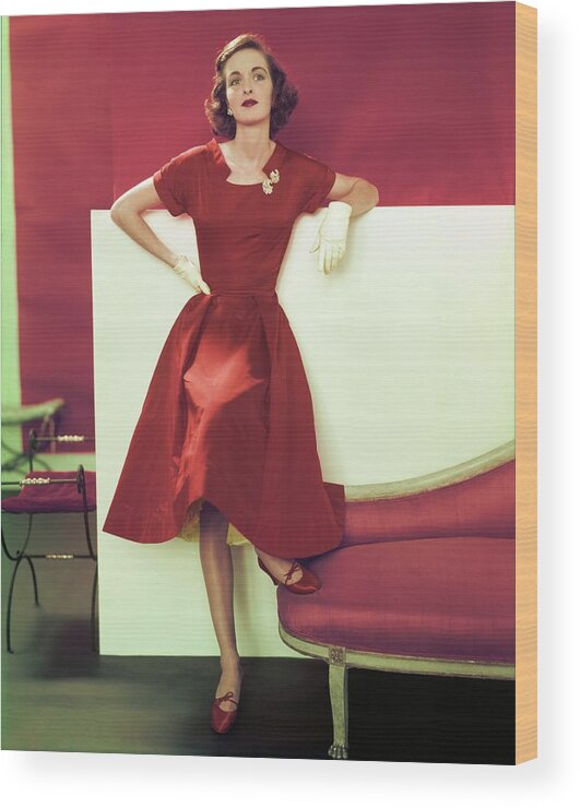 Fashion Wood Print featuring the photograph Model In A Vogue Patterns Dress by Horst P. Horst