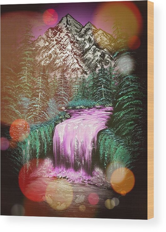 Landscape Arts Wood Print featuring the painting Mountain views pink stardust dark by Angela Whitehouse