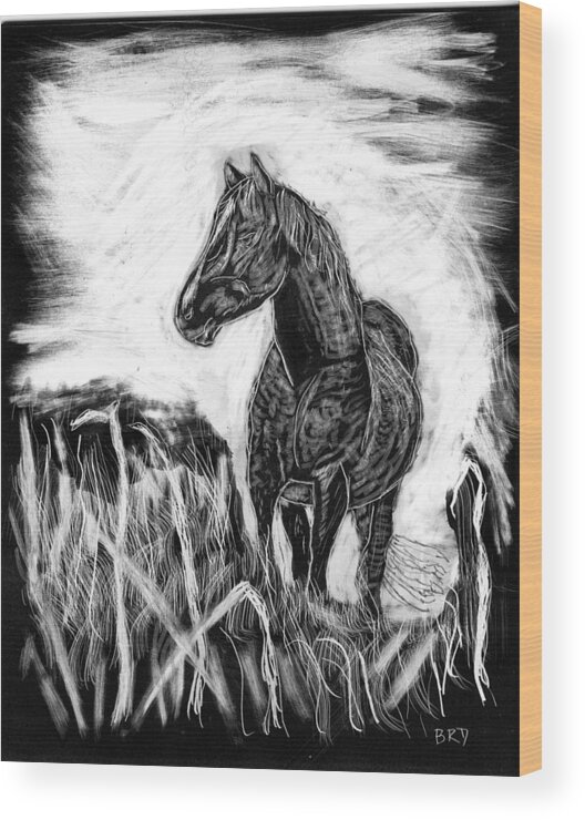 Mustang Wood Print featuring the drawing Mustang by Branwen Drew