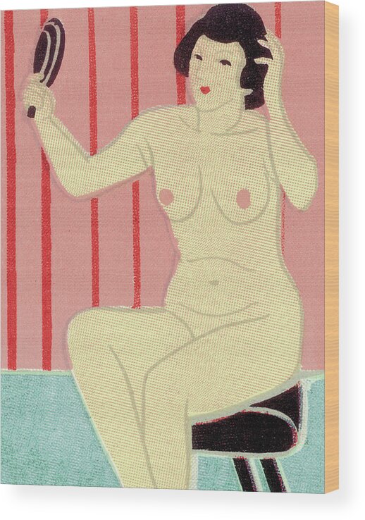 Adult Wood Print featuring the drawing Nude Woman Holding Hand Mirror by CSA Images