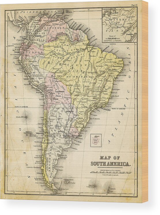 Burnt Wood Print featuring the photograph Old Map Of South America by Thepalmer