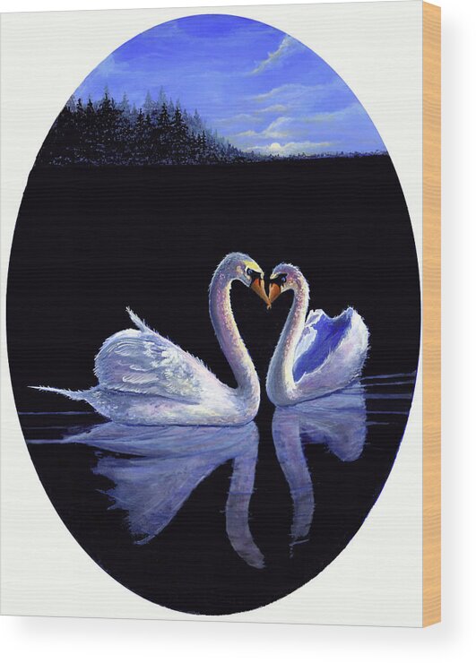 Oval Kissing Swans Wood Print featuring the painting Oval Kissing Swans by Bonnie B Cook