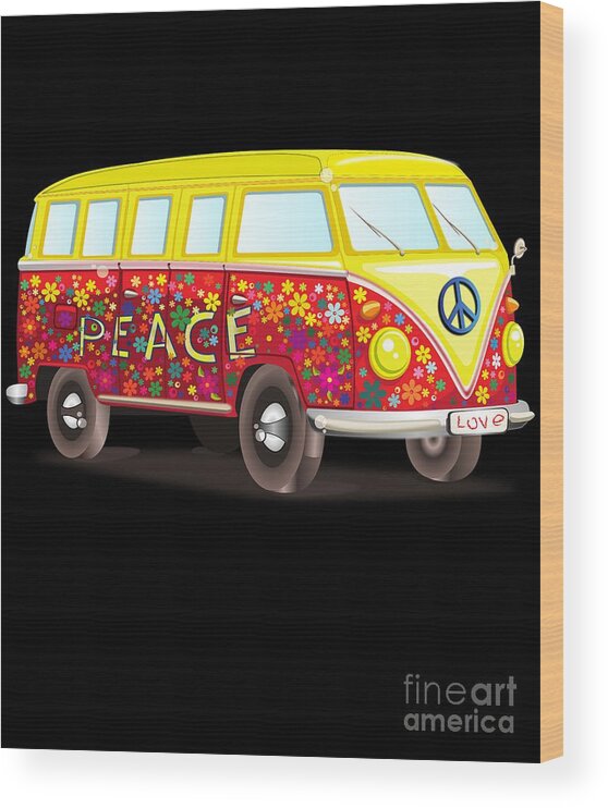 Cool Wood Print featuring the digital art Peace And Love Hippy Van by Flippin Sweet Gear