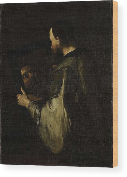 Canvas Wood Print featuring the painting Philosopher with Mirror. by Jusepe de Ribera -copy after-