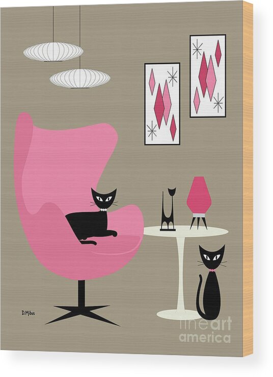 Mid Century Modern Wood Print featuring the digital art Pink Egg Chair with Cats by Donna Mibus