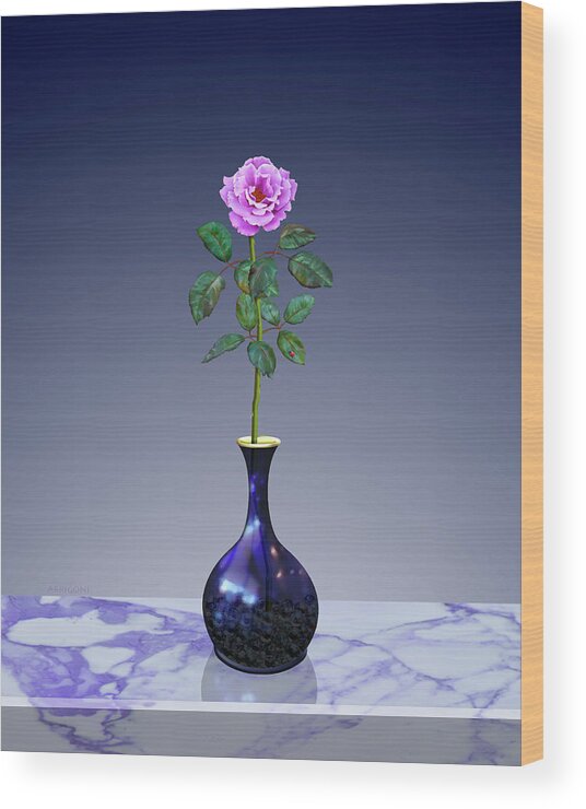Dark Blue Vase Wood Print featuring the painting Pink Perpetual Rose in Vase by David Arrigoni