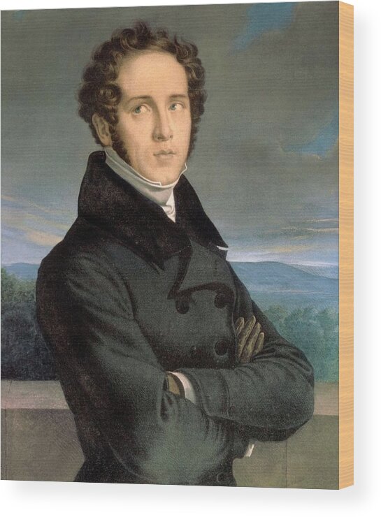 Vincenzo Bellini Wood Print featuring the painting Portrait of Italian opera composer Vincenzo Bellini -1801 - 1835-, Litograph, XIX century. by Jean Francois Millet -1814-1875-
