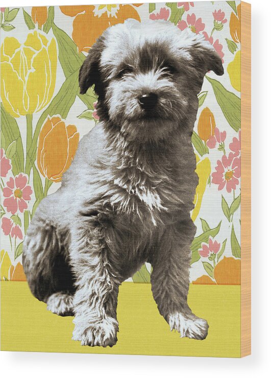 Animal Wood Print featuring the drawing Puppy on Floral Background by CSA Images